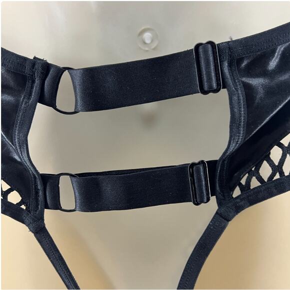 Dreamgirl Fishnet Halter Teddy with Attached Faux Leather One Size - Picture 4 of 6